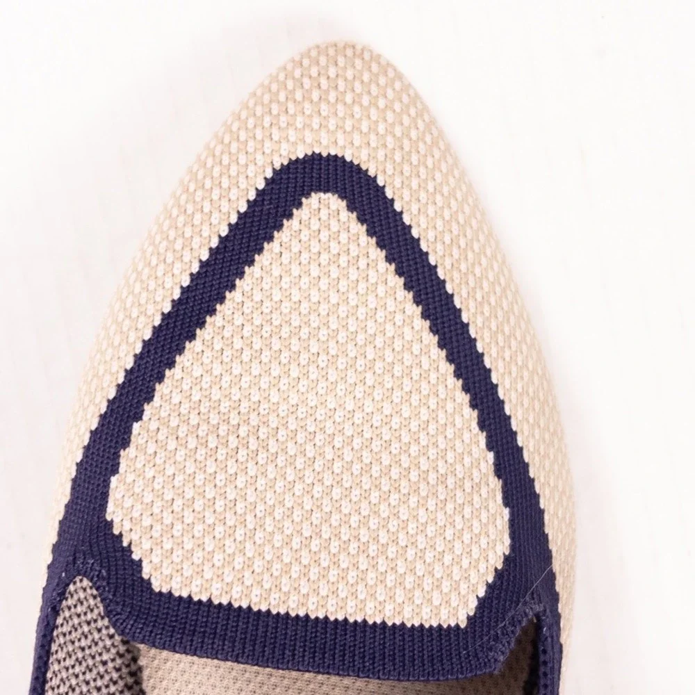 Birdies Blackbird Loafers Womens 7.5 Beige Navy Washable Knit Flats Pointed Toe